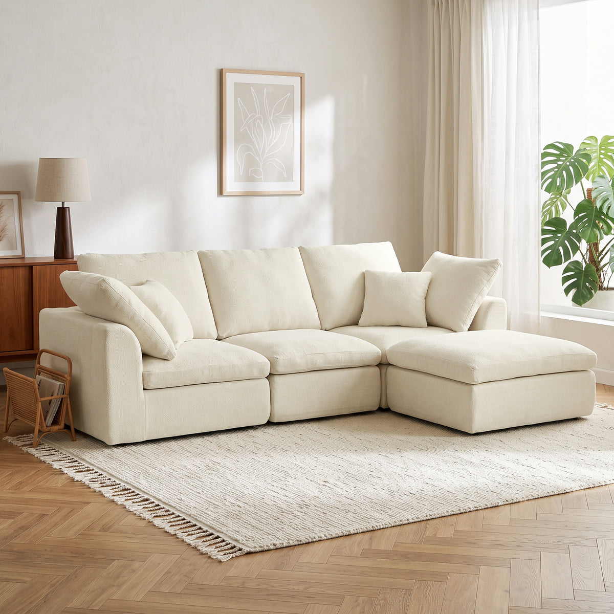 Canapé 3 Places avec Pouf Réversible, Canapé d'Angle Modulable en Chenille 254 cm Moderne, Assise Large, Crème-1