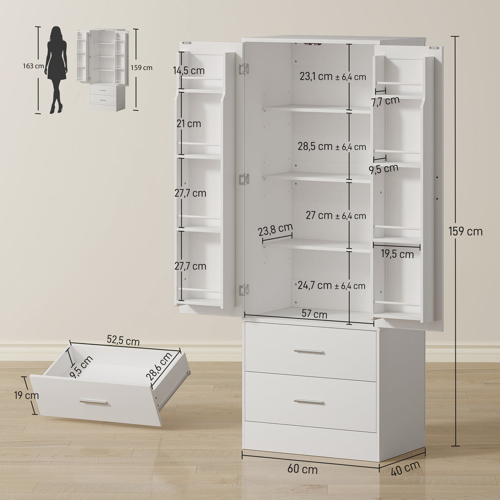 Buffet haut cuisine, armoire de cuisine, 2 portes, 8 porte-épices, 2 tiroirs, étagères réglables, 60x40x159cm, blanc-2