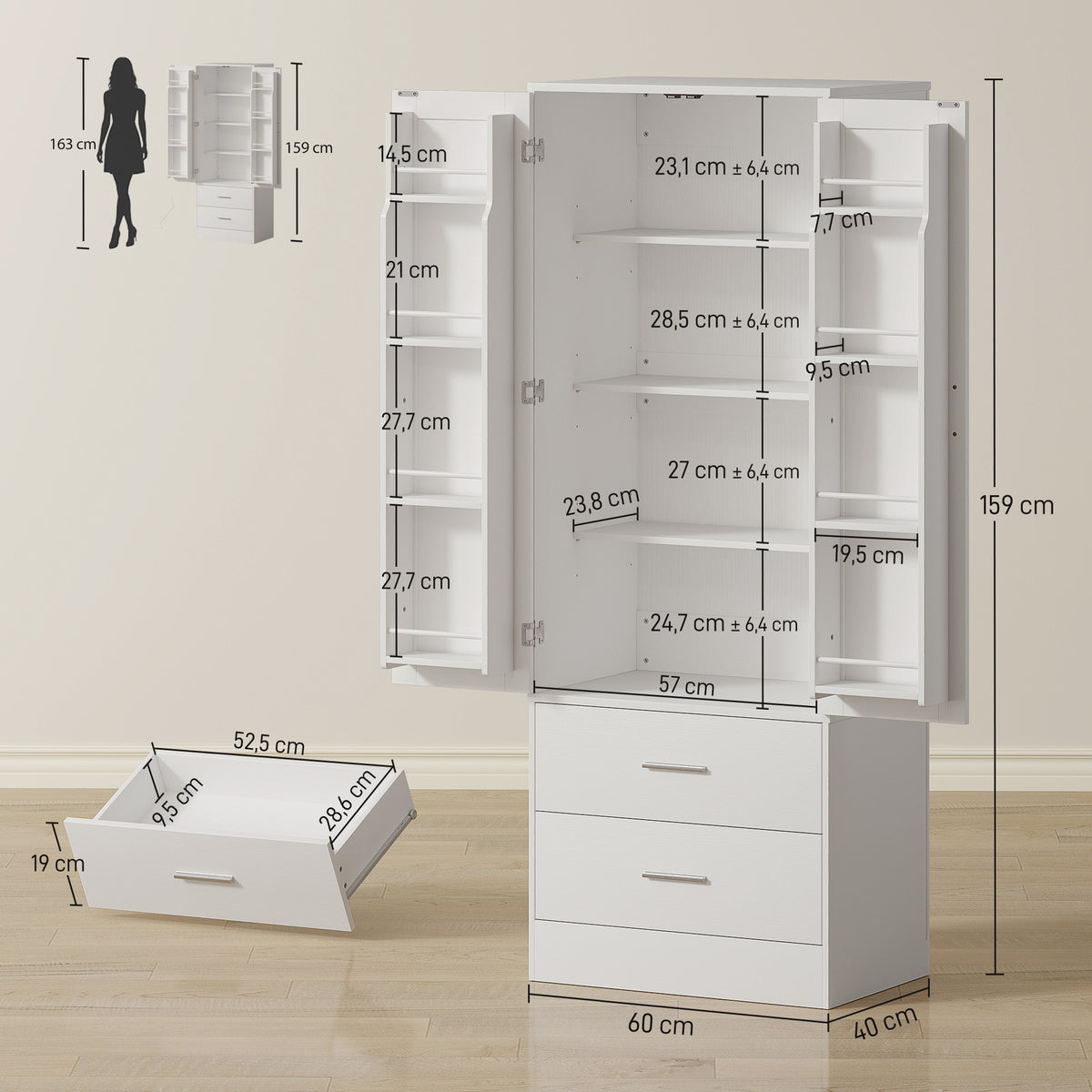 Buffet haut cuisine, armoire de cuisine, 2 portes, 8 porte-épices, 2 tiroirs, étagères réglables, 60x40x159cm, blanc-2