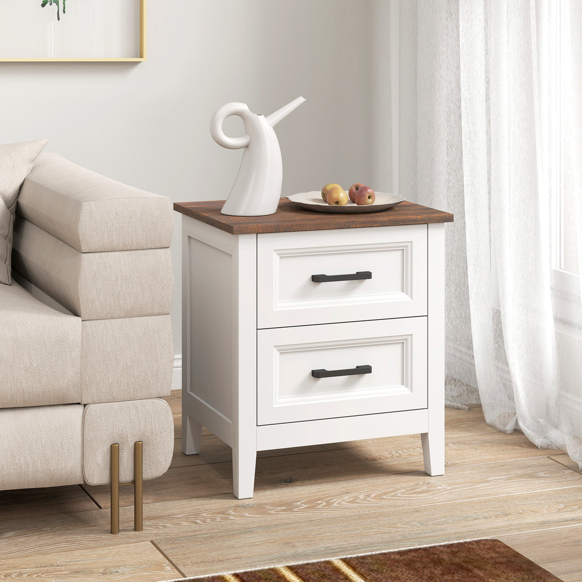 Table de chevet, table de nuit avec 2 tiroirs, plateau effet bois, style rustique, pour chambre à coucher, salon, blanc-6