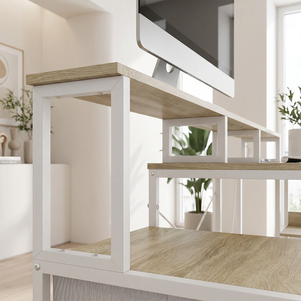 Bureau d'angle avec prises et lumières LED RGB, bureau d'ordinateur, 172 x 100 cm, support d'écran, 2 tiroirs, blanc-9