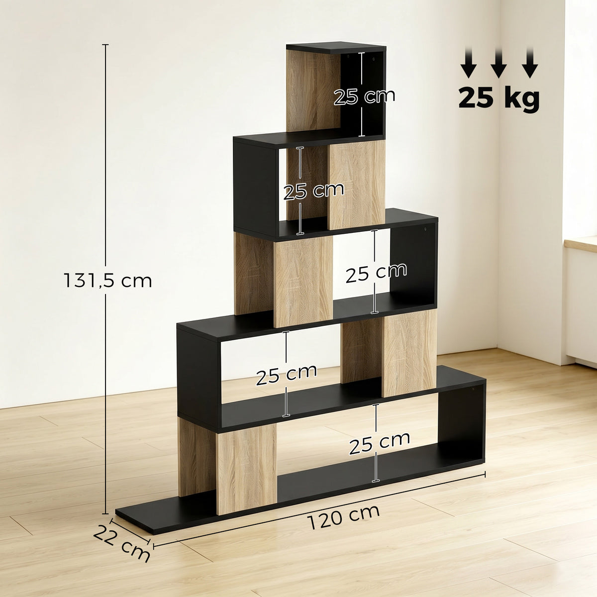 Étagère de rangement, bibliothèque géométrique à 5 niveaux, pour bureau, salon, chambre, noir et bois naturel-2