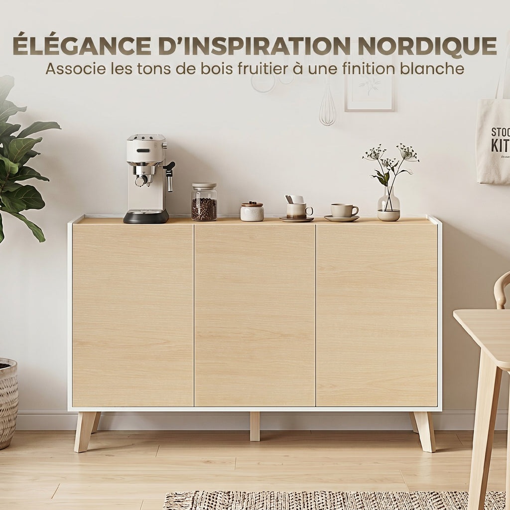 Buffet cuisine, meuble de rangement nordique, 3 portes à fermeture douce, 6 compartiments, bois naturel et blanc-3