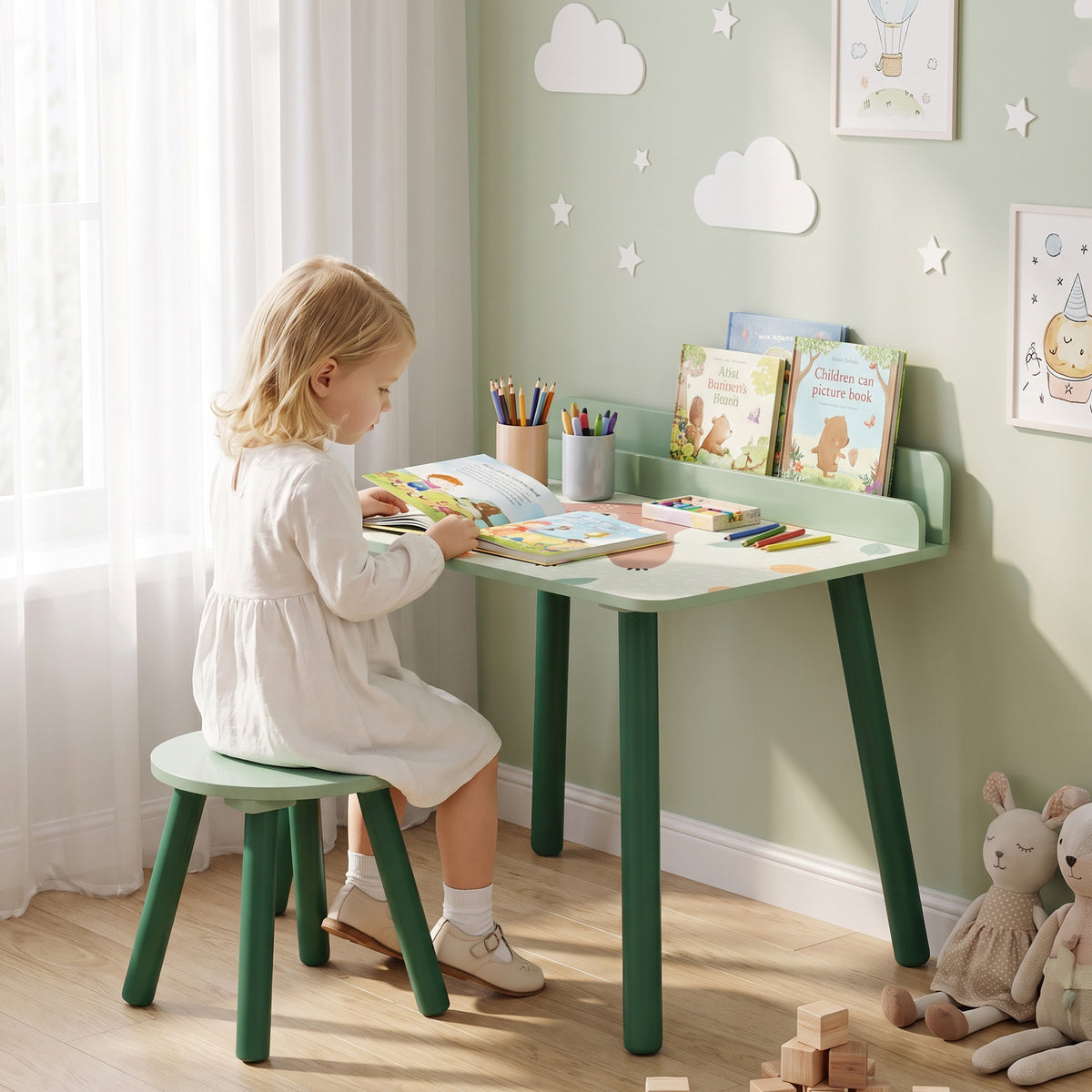 Ensemble table et chaise enfant table pour enfant avec chaise avec porte-livres motifs d'ours pour enfants 3-8 ans vert-1