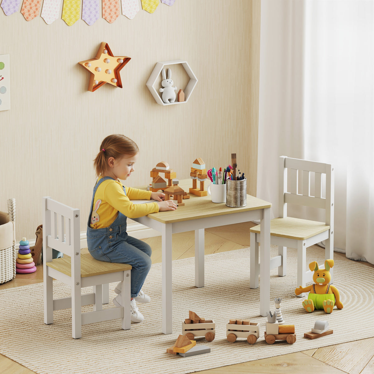 Table enfant avec chaise, lot table et 2 chaises enfant en bois pour dessiner, jouer, étudier, 56x52x48cm, bois naturel-1
