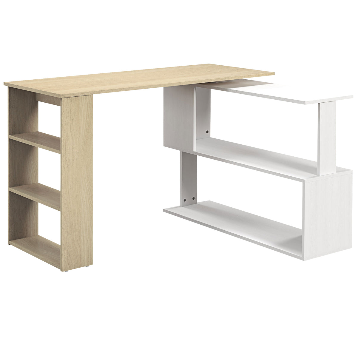 Bureau d'angle bureau informatique modulable bibliothèque intégrée + étagère 3 niveaux blanc et bois naturel-0