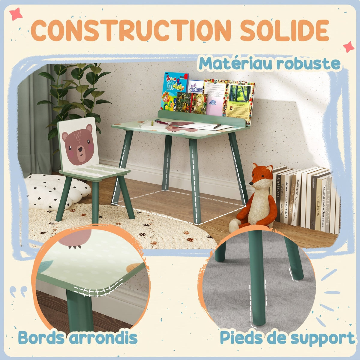Table Enfant avec Chaise, Ensemble Table et Chaise en Bois pour Dessiner, Jouer, Étudier, Cadeau pour 3-8 Ans, Vert-5