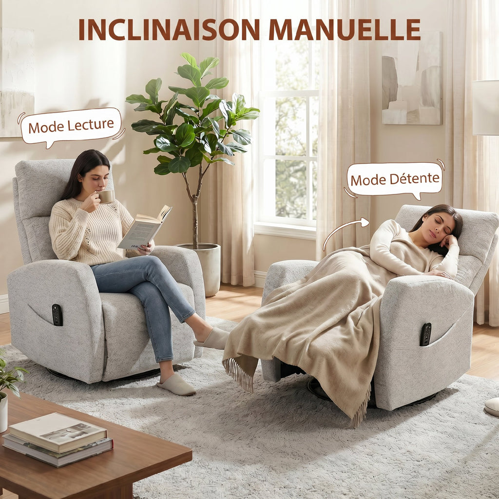 Fauteuil inclinable de massage et chauffage, fauteuil de relaxation en chenille, dossier réglable, pivotant 360°, crème-4