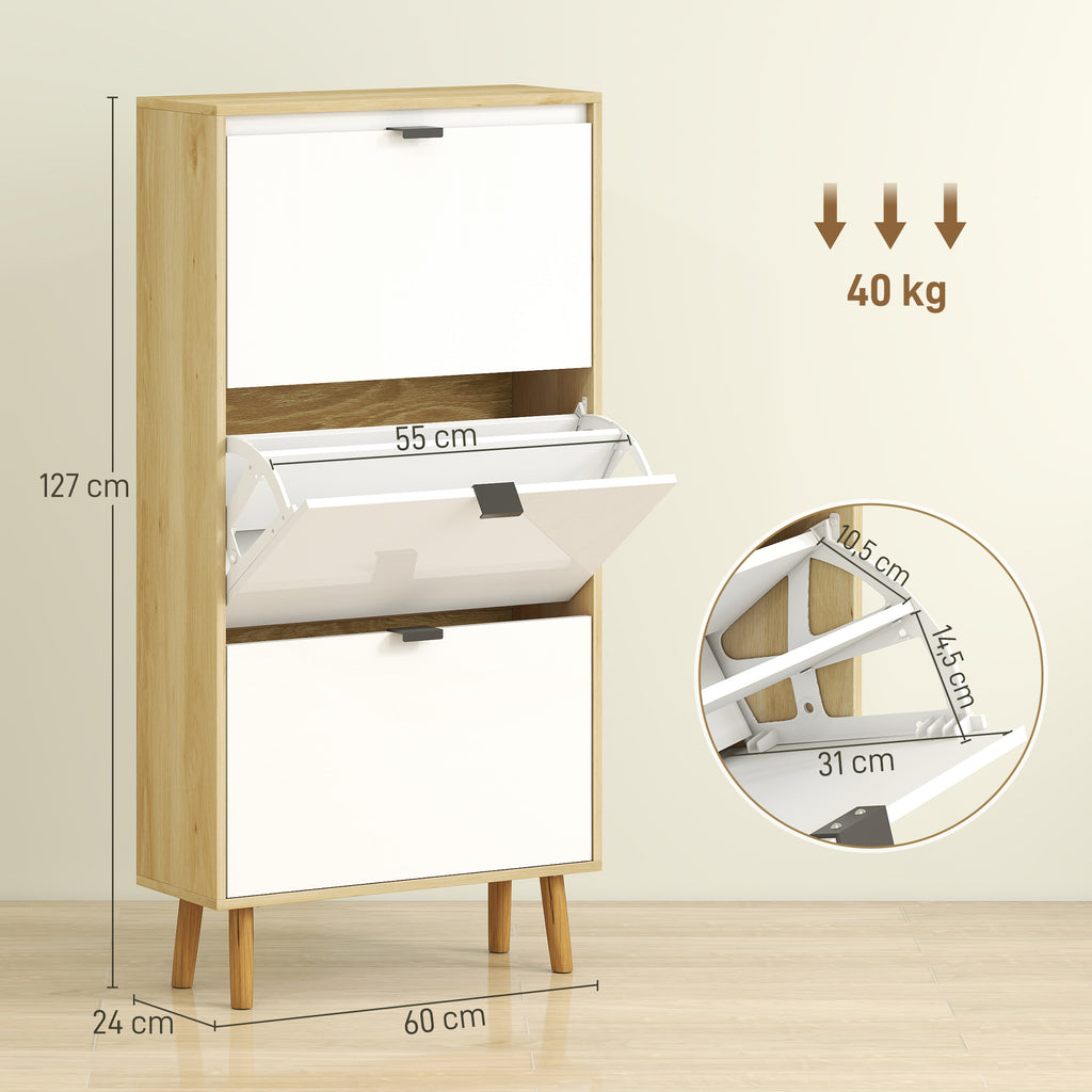 Meuble à chaussures, armoire à chaussures étroite, 3 tiroirs rabattables, porte haute brillante, 60x24x127cm, blanc-2