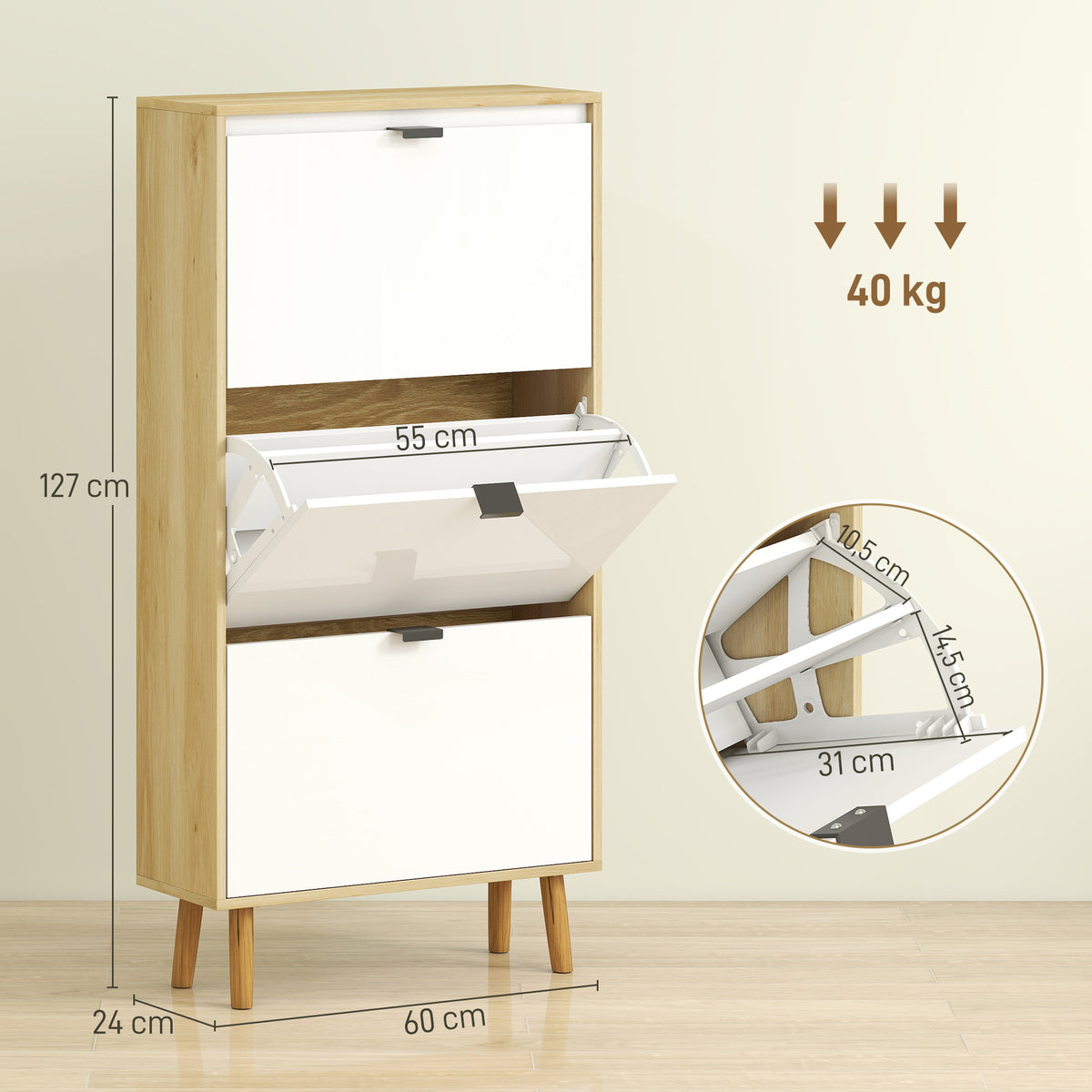 Meuble à chaussures, armoire à chaussures étroite, 3 tiroirs rabattables, porte haute brillante, 60x24x127cm, blanc-2