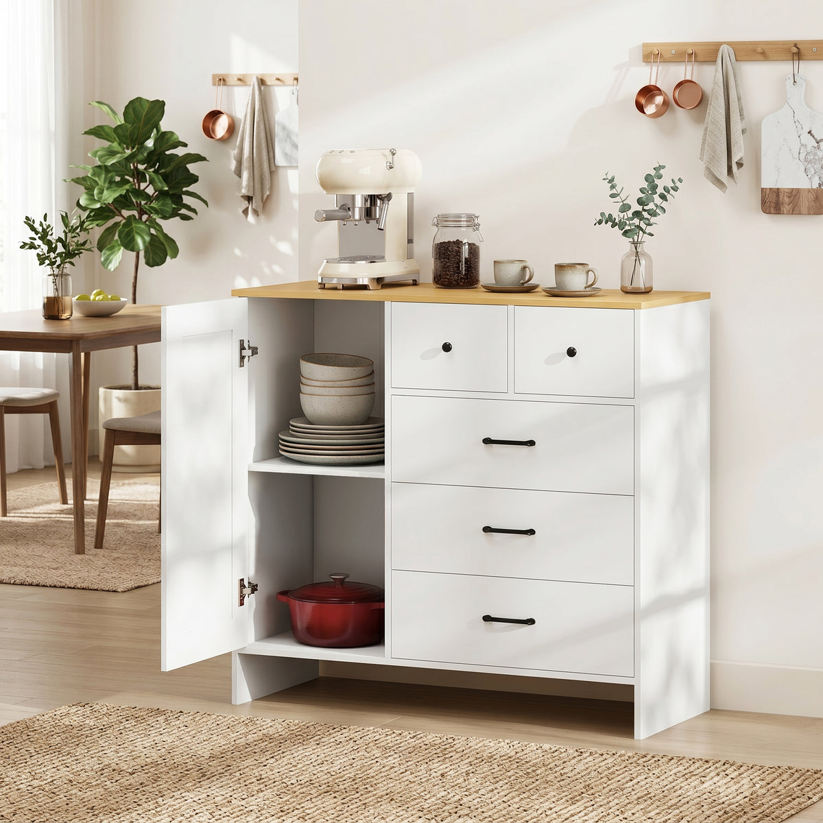 Buffet Cuisine, Meuble de Rangement avec 5 Tiroirs et Porte, Style Rustique, 100 x 40 x 94 cm, Blanc-1