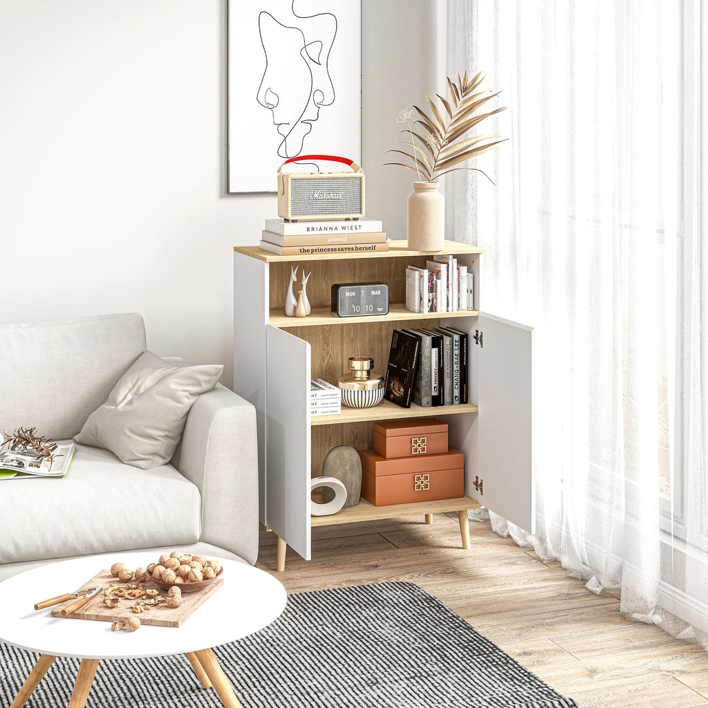 Meuble de rangement buffet sur pied scandinave placard 2 portes avec étagère intérieure blanc et aspect bois-6