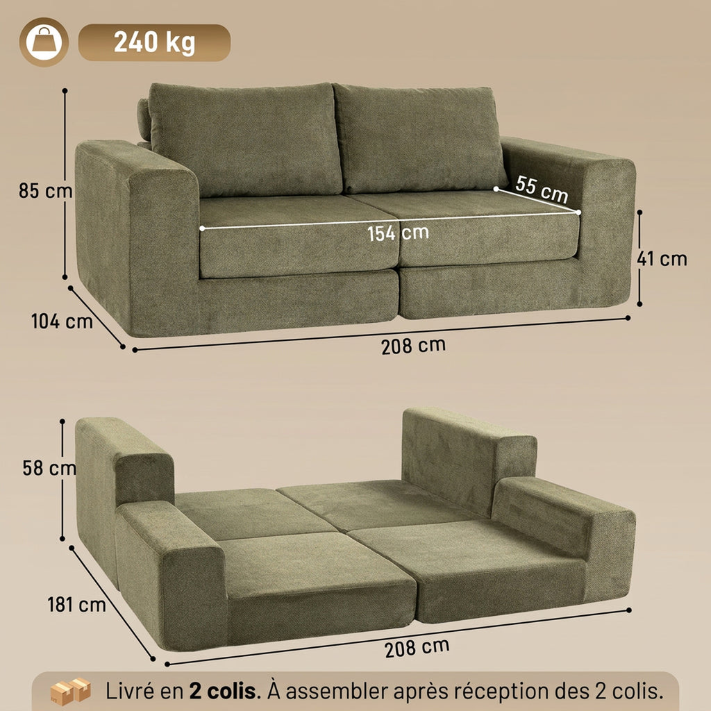 Canapé Convertible 2 Places 4 en 1, Canapé-Lit Compressé en Chenille 208 cm avec Assise Large, 2 Oreillers, Vert-2