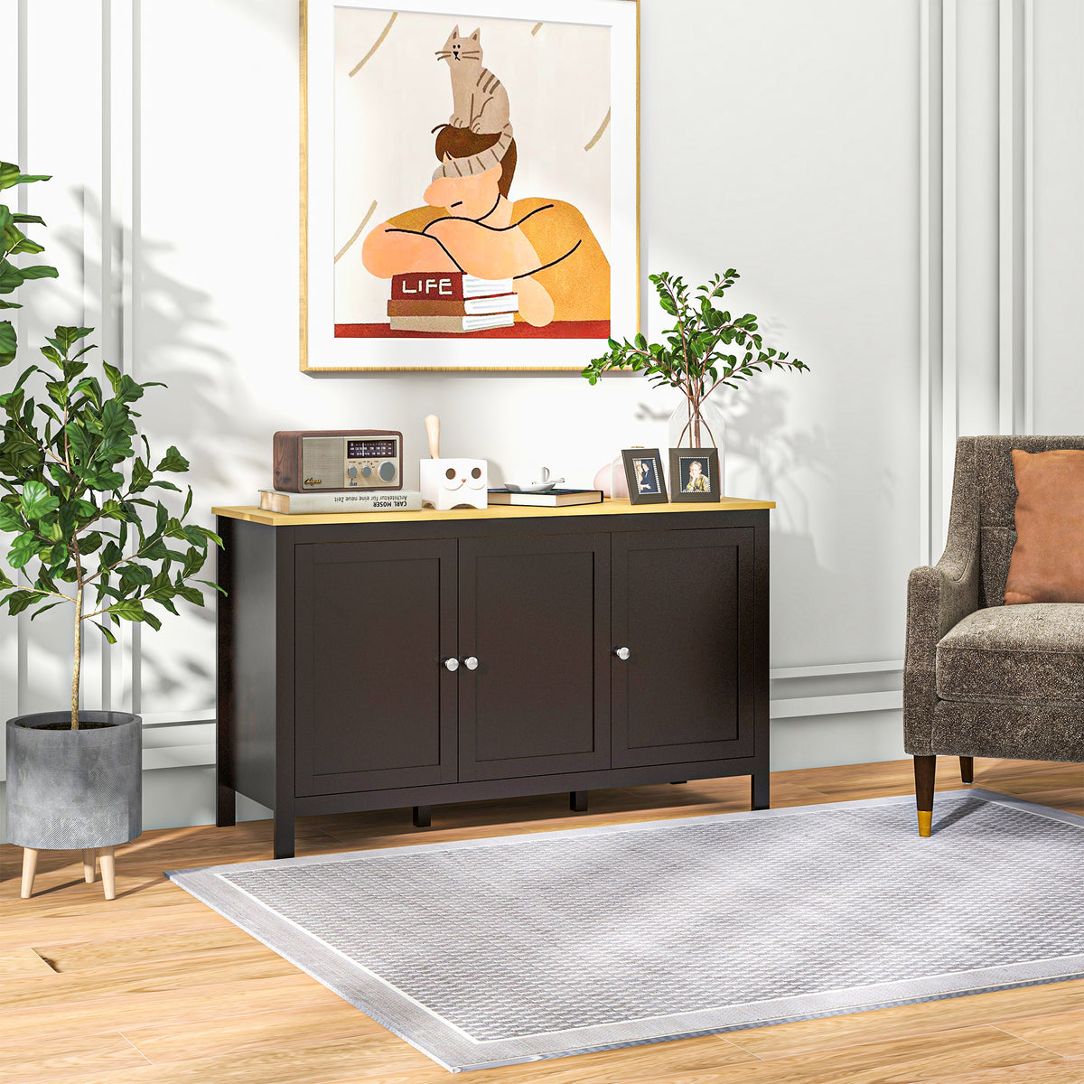 Buffet meuble de rangement avec 3 portes 2 étagères réglables plateau aspect bois clair 120 x 40 x 70 cm noir-7