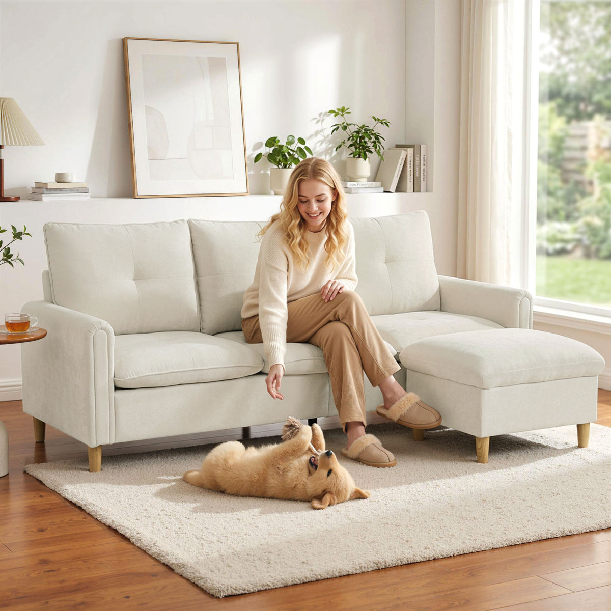 Canapé 3 places avec pouf de rangement, canapé d'angle modulable 210 cm, assise large, tissu aspect lin, crème-9