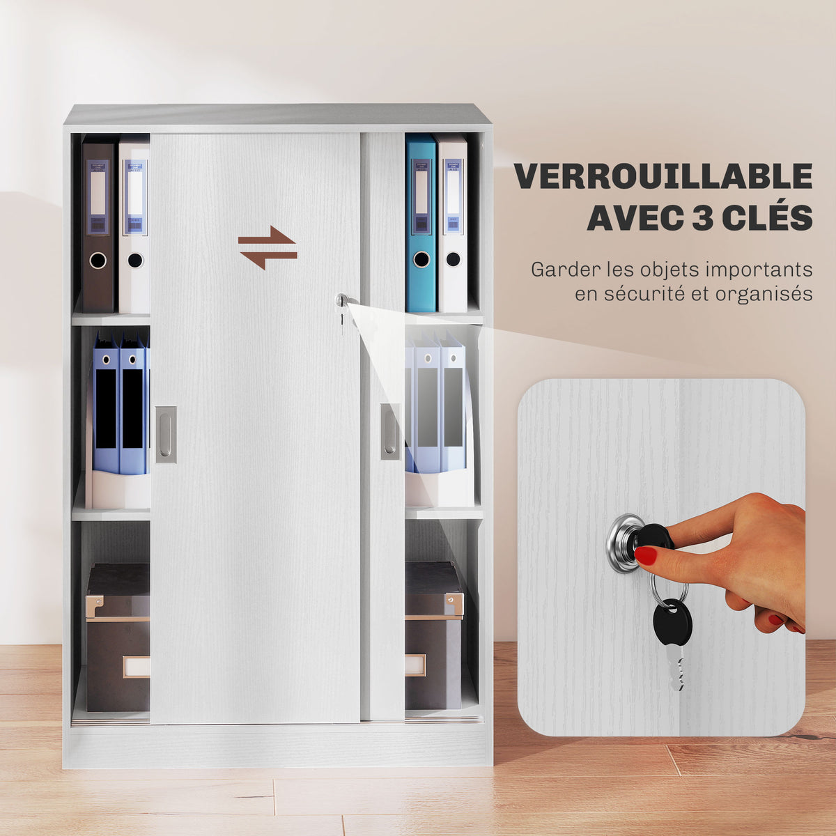 Armoire de Bureau 2 Portes coulissantes verrouillables dim. 80L x 40l x 120H cm 2 étagères en Bois Blanc-4