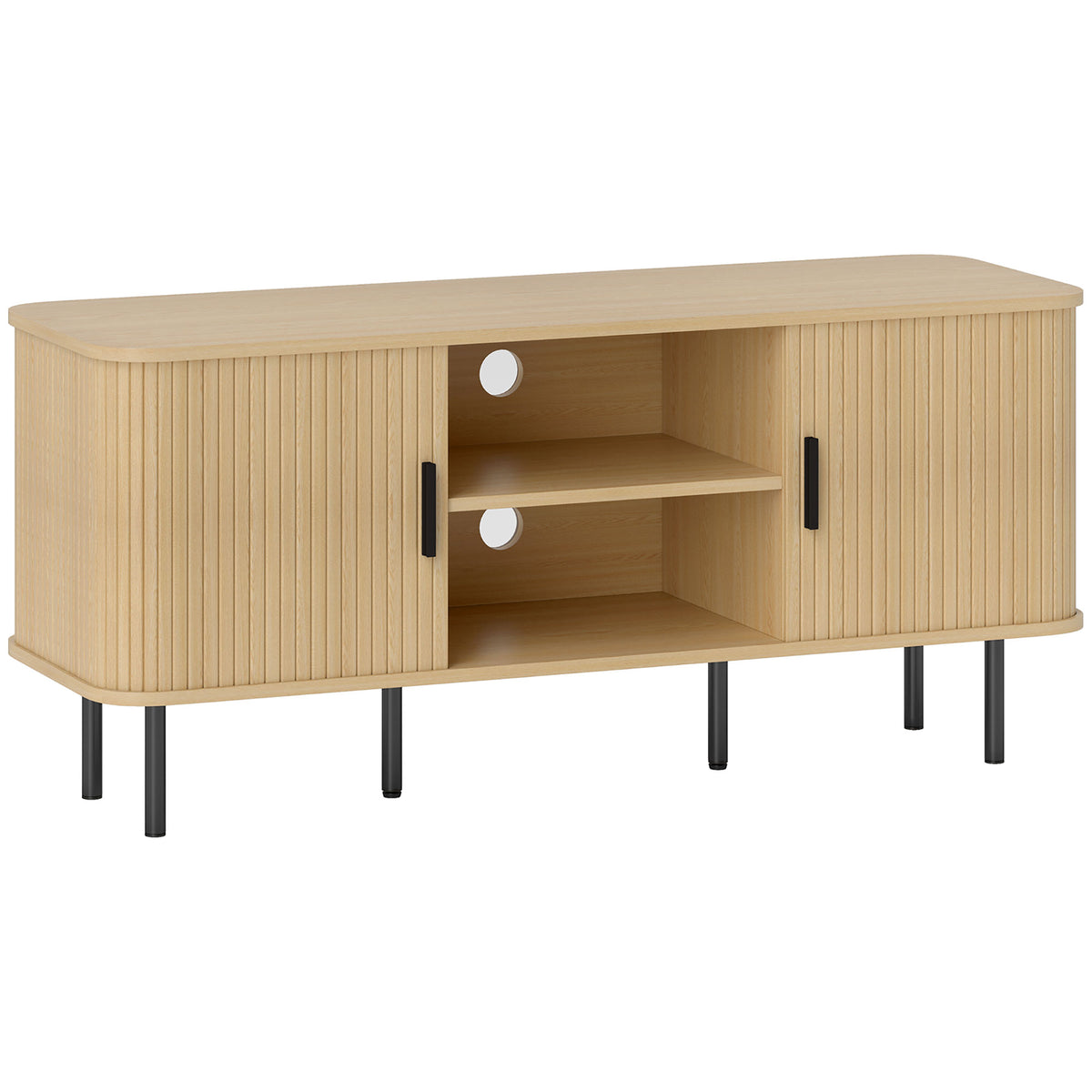 Meuble TV avec 2 portes tambour à lamelles design scandinave pour télévision jusqu'à 55 pouces 120 cm ton chêne-0