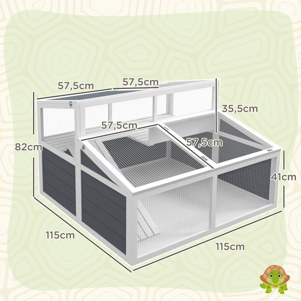Maison enclos cage pour petit animal tortue avec 2 espaces toit en polycarbonate 3 portes rampe 115 x 115 x 82 cm gris-2