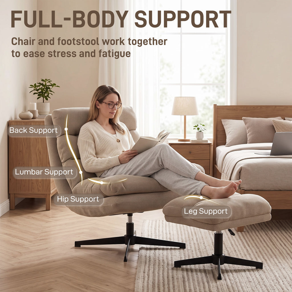 Fauteuil de Salon avec Repose-Pied Réglable, Rotation 360°, Fauteuil d'Appoint Capitonné en Lin, Assise Large, Marron-7