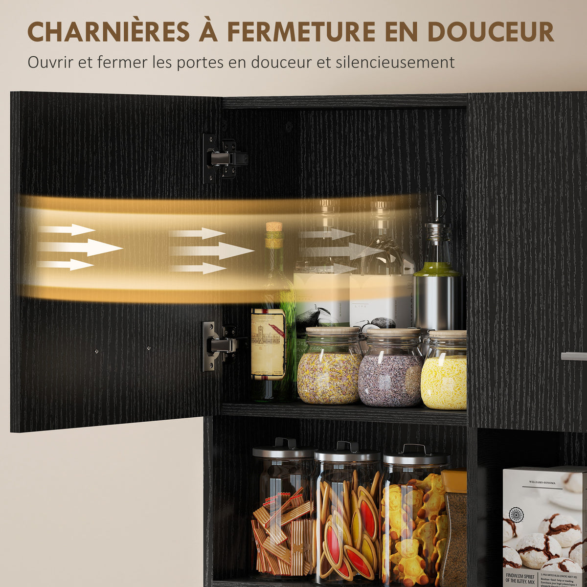 Buffet Haut Cuisine, Armoire de Cuisine avec 4 Portes à Fermeture Douce, Tiroir et Étagères Réglables, Noir-5