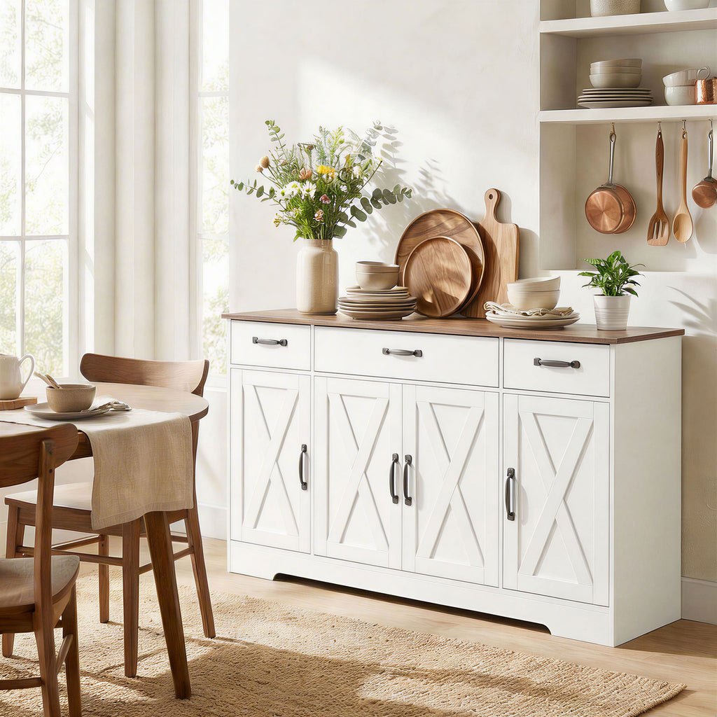 Buffet, meuble de rangement cuisine style ferme avec 4 portes de grange, 3 tiroirs, étagères ajustables, blanc-1