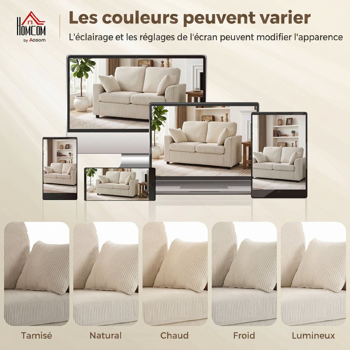 Canapé 2 Places en Velours Côtelé, Canapé de Salon 144 cm avec Assise Large Rembourrée, 2 Oreillers, Beige-6