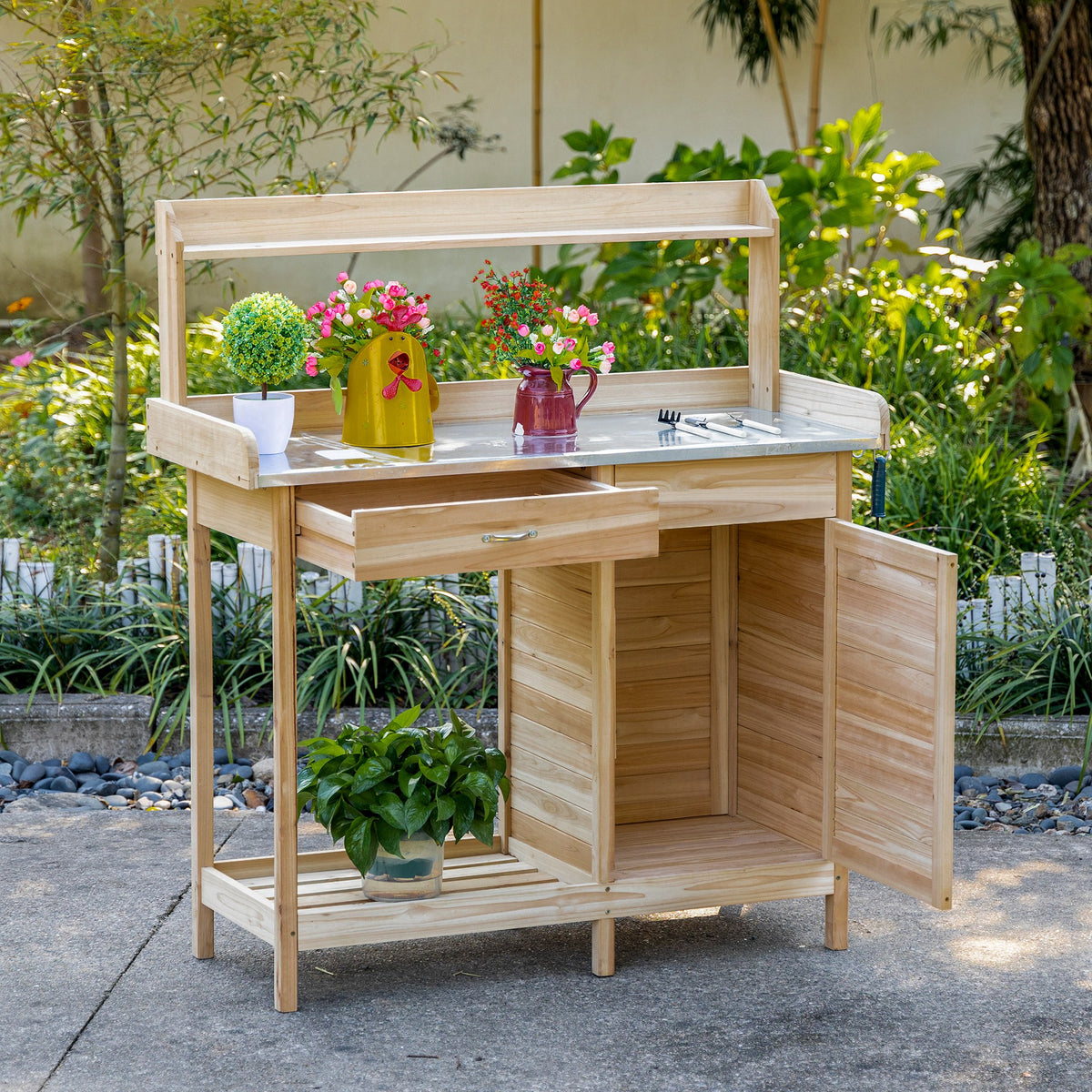 Table de rempotage table de jardinage avec 2 étagères, tiroir, placard, plateau tôle acier galvanisé avec-7