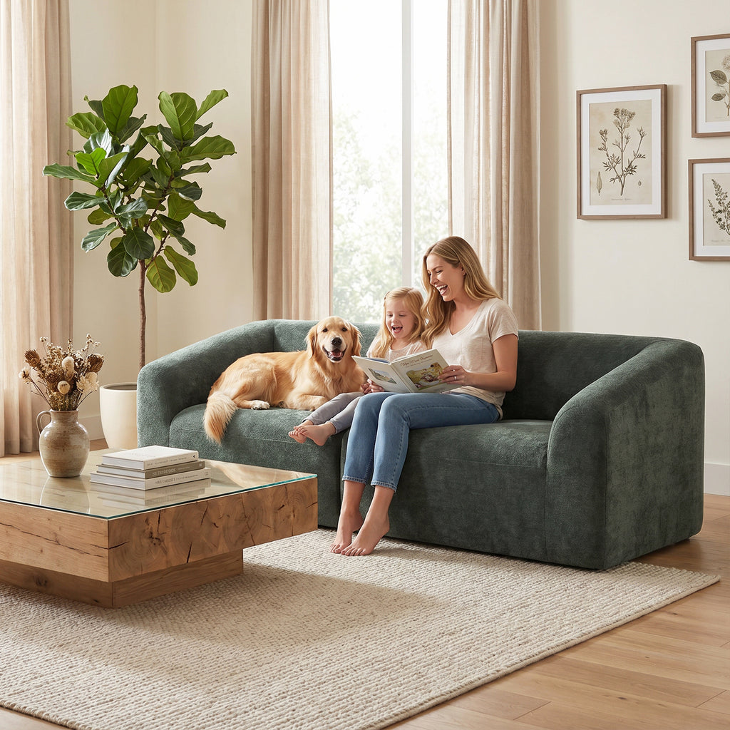 Canapé 3 places en chenille 225 cm, canapé salon rembourré moderne avec assise large, coussin à ressorts, vert foncé-8