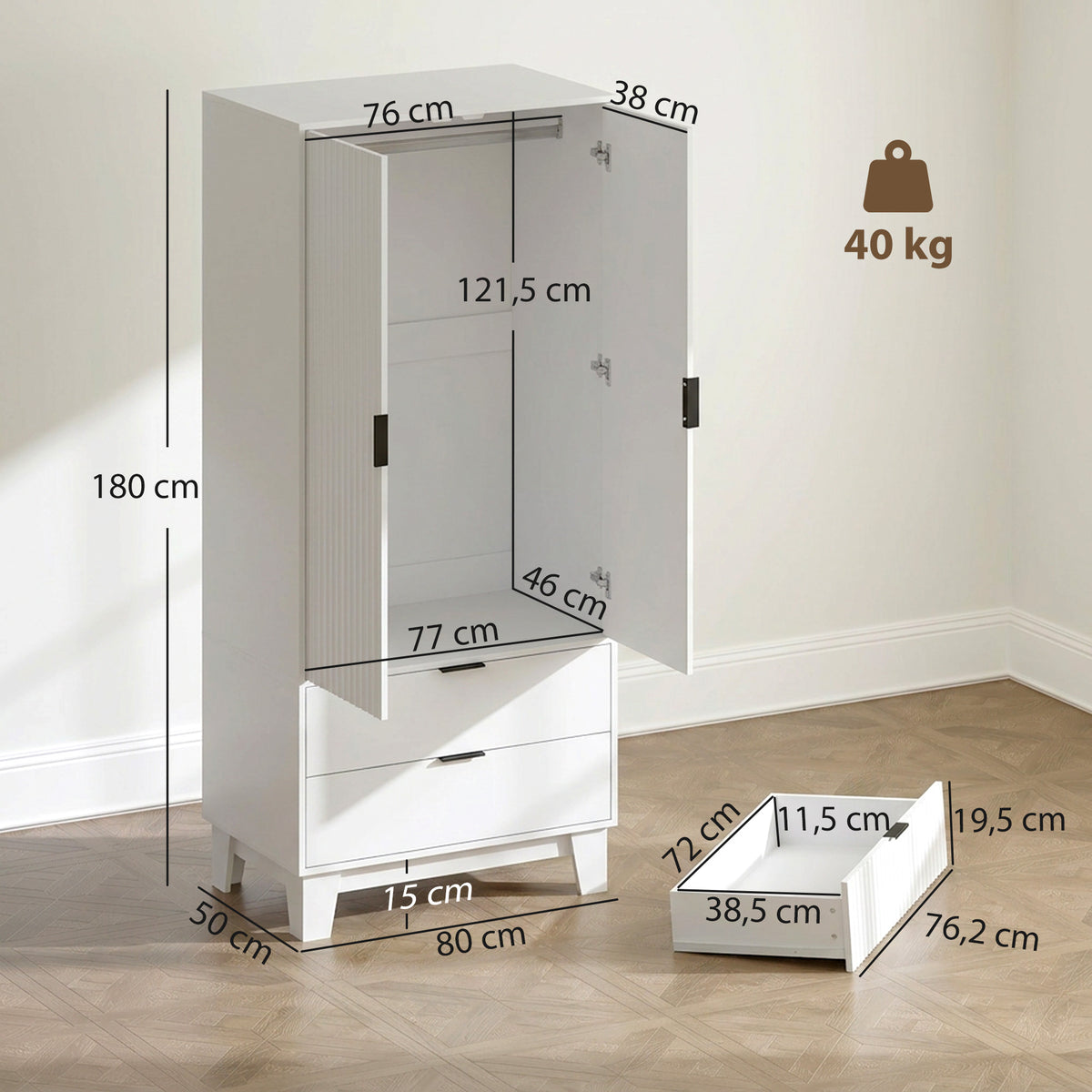 Armoire chambre penderie avec 2 portes à fermeture douce, 2 tiroirs et barre de suspension, 80x50x180cm, blanc-2