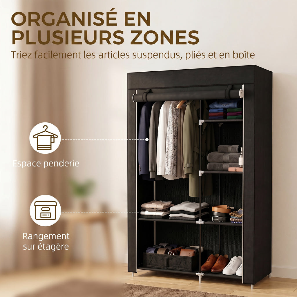 Armoire penderie multi-rangement - 6 étagères, 1 barre - non tissé noir-3