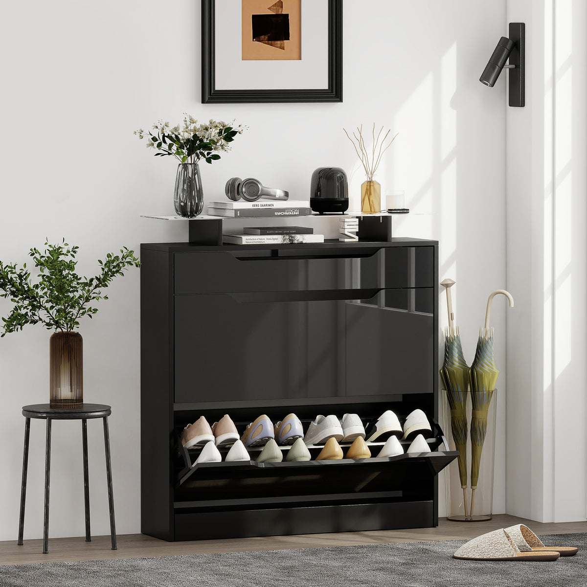 Armoire à Chaussures, 2 Tiroirs Rabattables, 1 Tiroir Coulissant, 1 Comptoir, 89x23x96cm, Noir-1