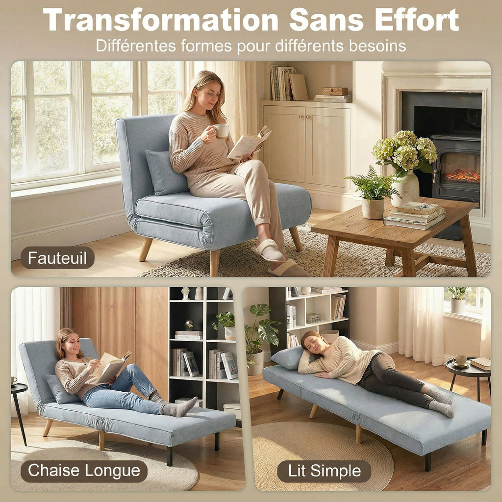Fauteuil chauffeuse convertible 3 en 1 lit fauteuil lit 1 place dossier 5 positions en tissu avec coussin, gris-3