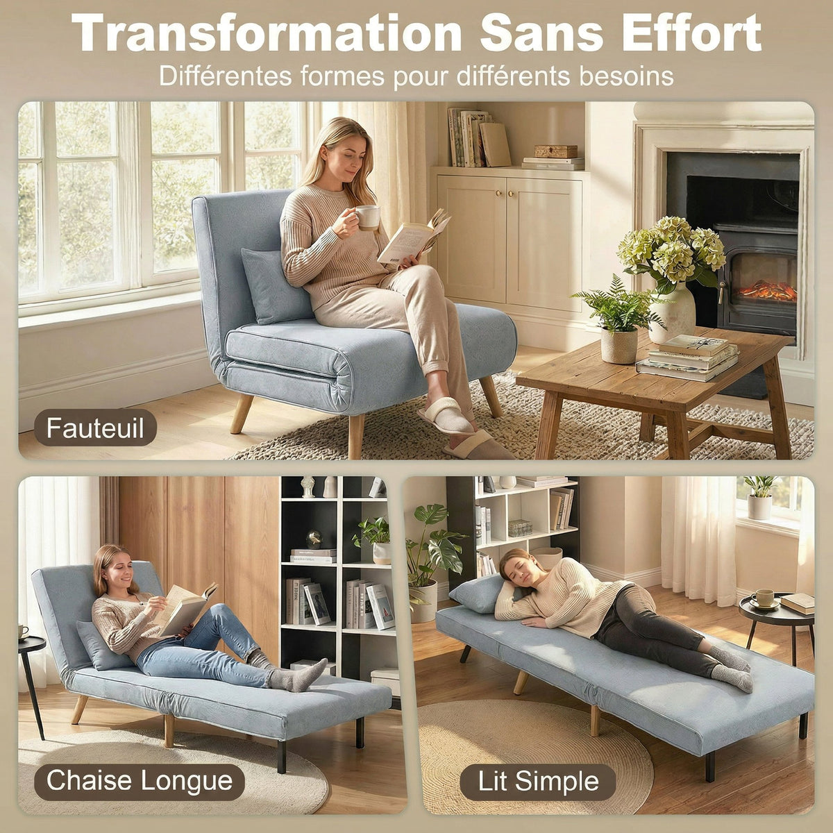 Fauteuil chauffeuse convertible 3 en 1 lit fauteuil lit 1 place dossier 5 positions en tissu avec coussin, gris-3