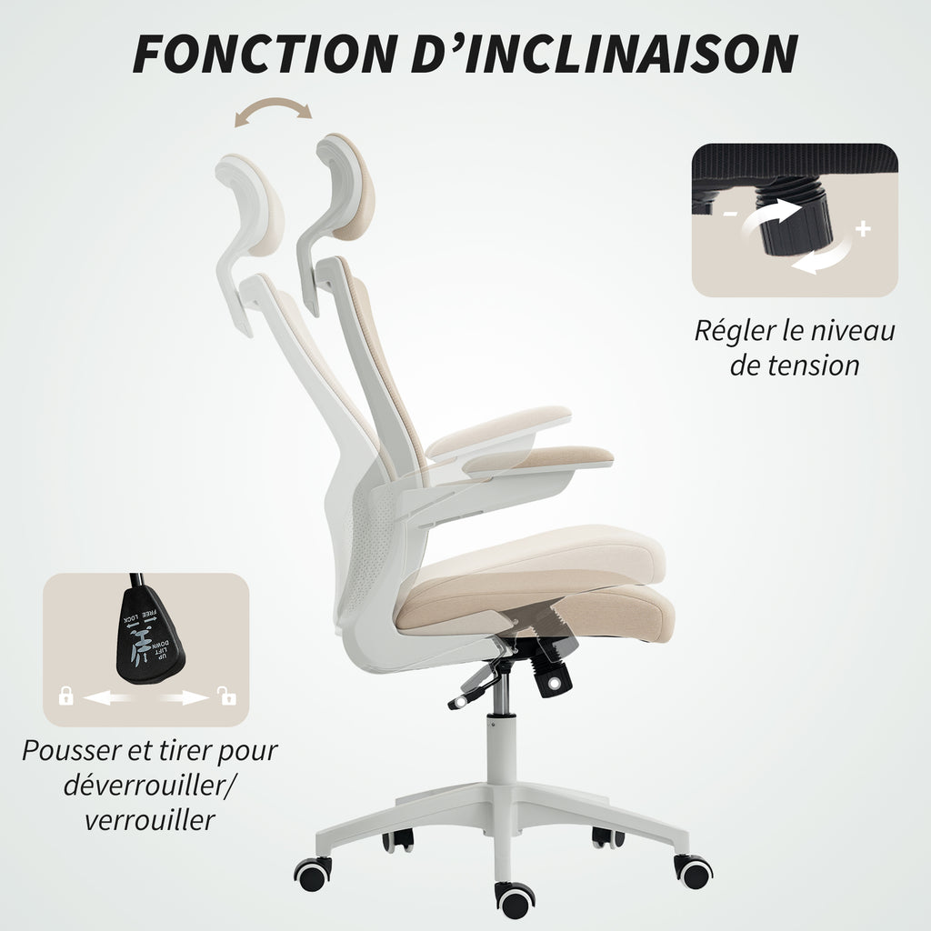 Chaise bureau ergonomique, fauteuil de bureau, accoudoirs relevables, soutien lombaire, appui-tête, 60x63x120cm, beige-7
