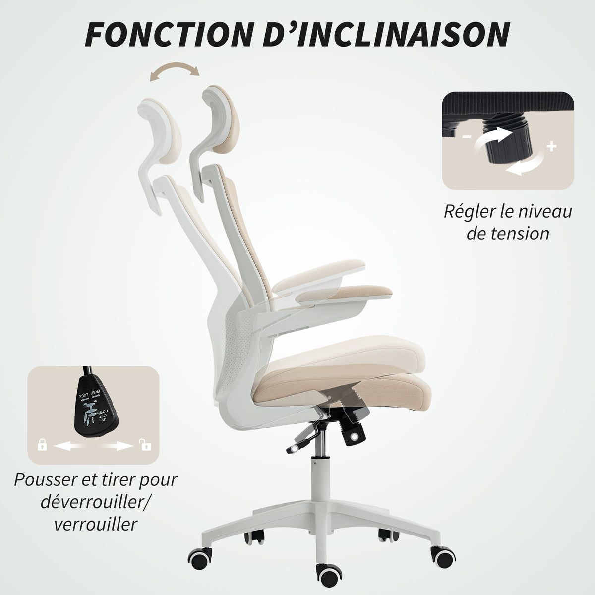 Chaise bureau ergonomique, fauteuil de bureau, accoudoirs relevables, soutien lombaire, appui-tête, 60x63x120cm, beige-7