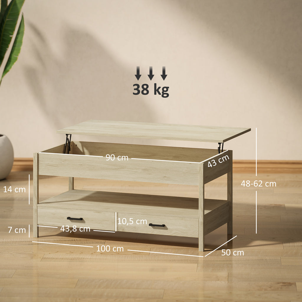 Table basse relevable, table basse avec tiroirs et compartiment caché pour salon, bureau à domicile, chêne-2