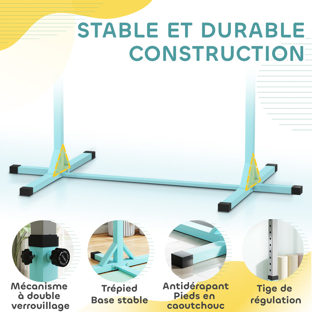 Barre fixe de gymnastique pour enfant, hauteur réglable 13 niveaux de 92-150 cm, en acier et bois en hêtre, cyan-5