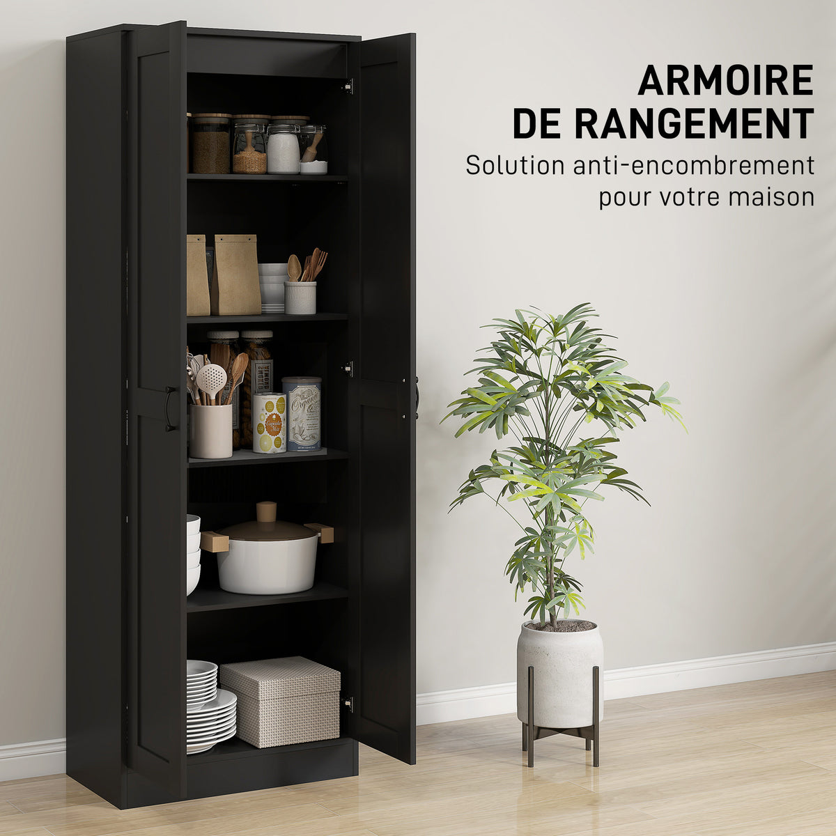 Armoire 2 portes meuble de rangement avec 5 étagères, style contemporain, 60L x 36,5l x 175H noir-3