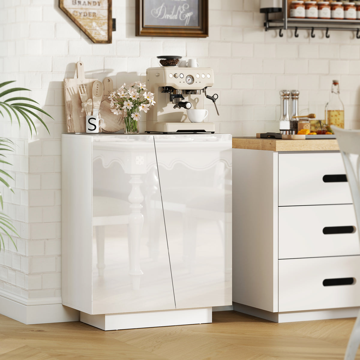 Buffet meuble de rangement avec placard double porte et étagère réglable, 70 x 40 x 88 cm, blanc brillant-1