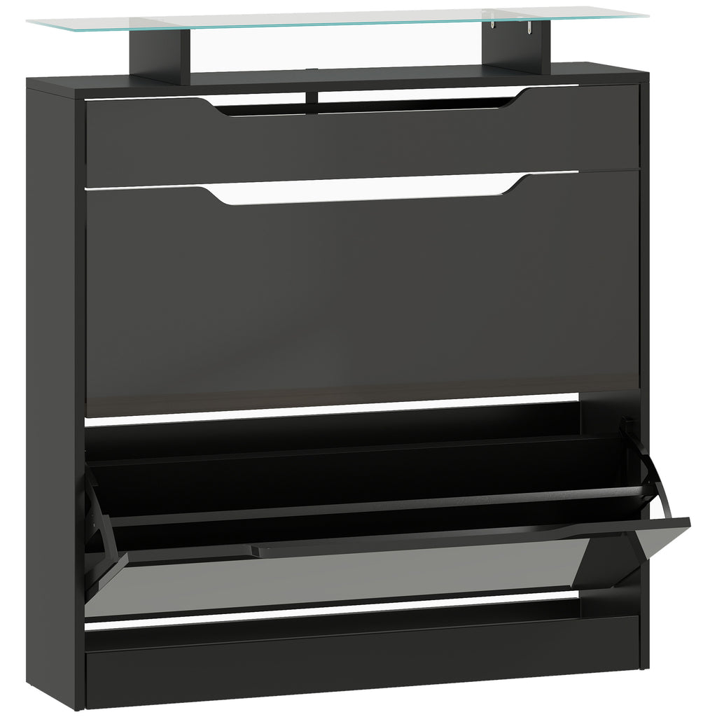 Armoire à Chaussures, 2 Tiroirs Rabattables, 1 Tiroir Coulissant, 1 Comptoir, 89x23x96cm, Noir-0