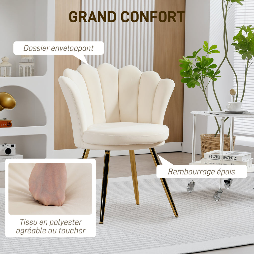 Fauteuil coquillage chaise coiffeuse fauteuil en velours fauteuil de salon avec pieds en métal doré beige-5