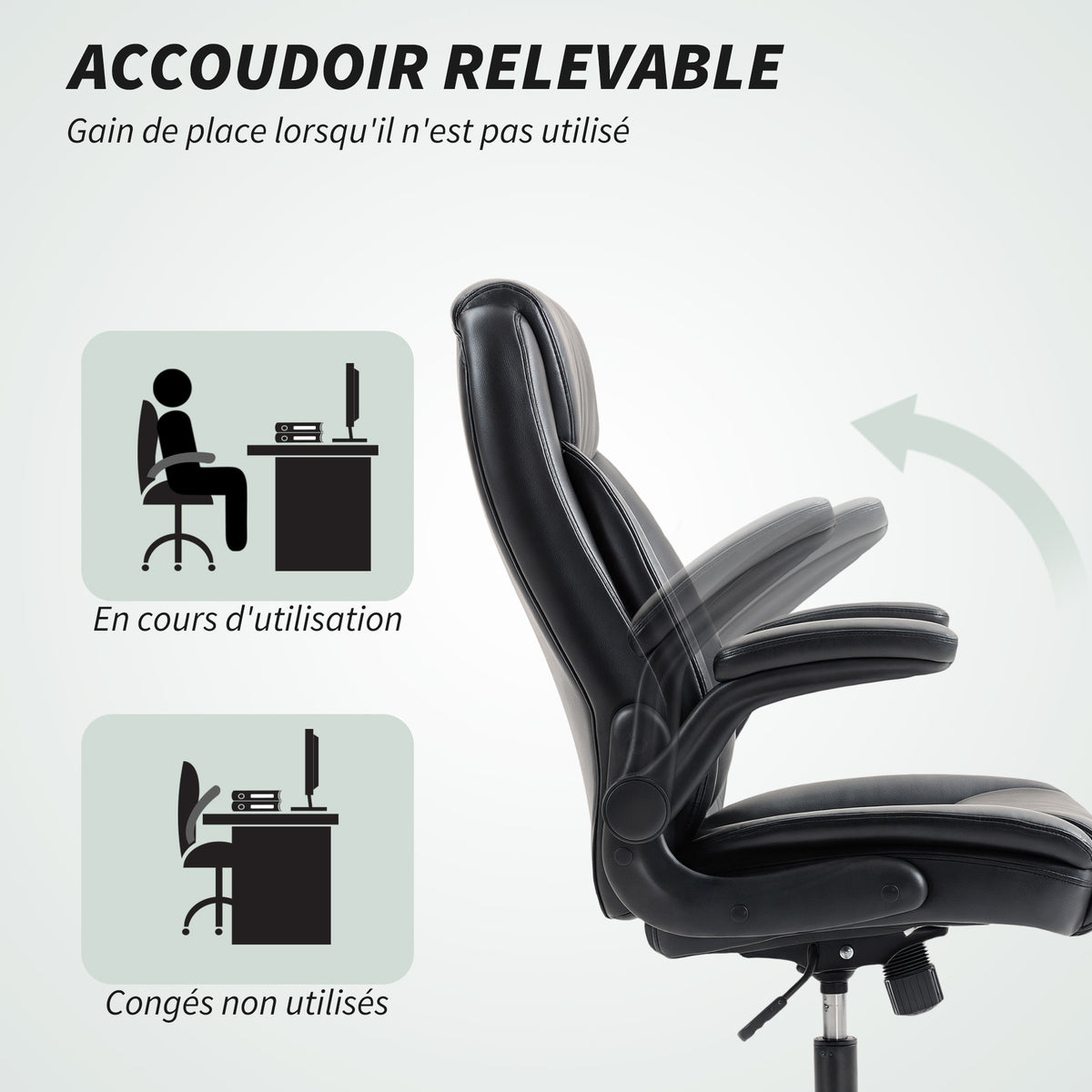 Fauteuil de bureau avec accoudoirs relevables, chaise de bureau ergonomique, hauteur réglable, fonction de bascule, noir-5
