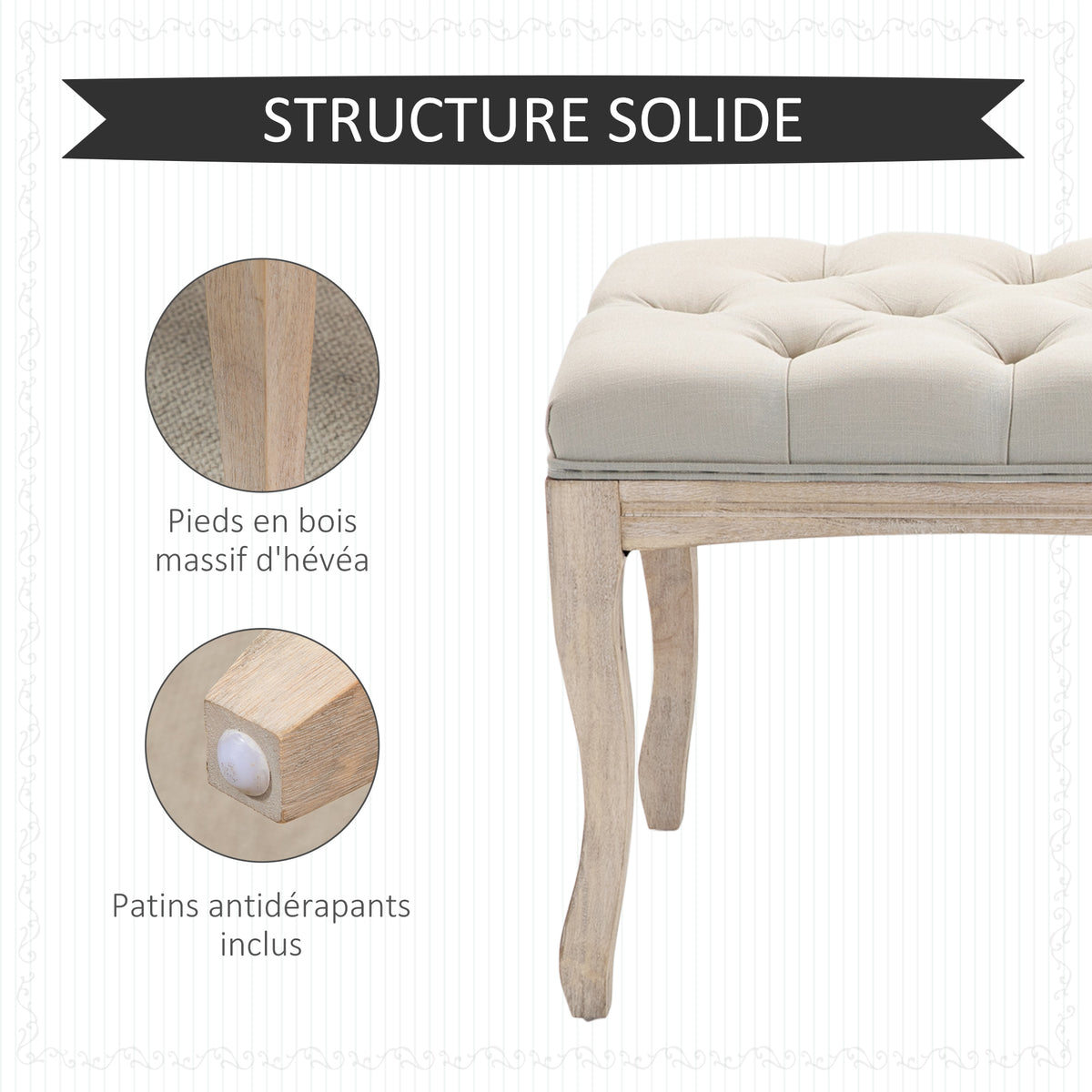 Lot de 2 banc Banquette capitonnée Style Classique 110 cm Bout de lit Rembourrée en lin piètement Bois hévéa sculpté-4