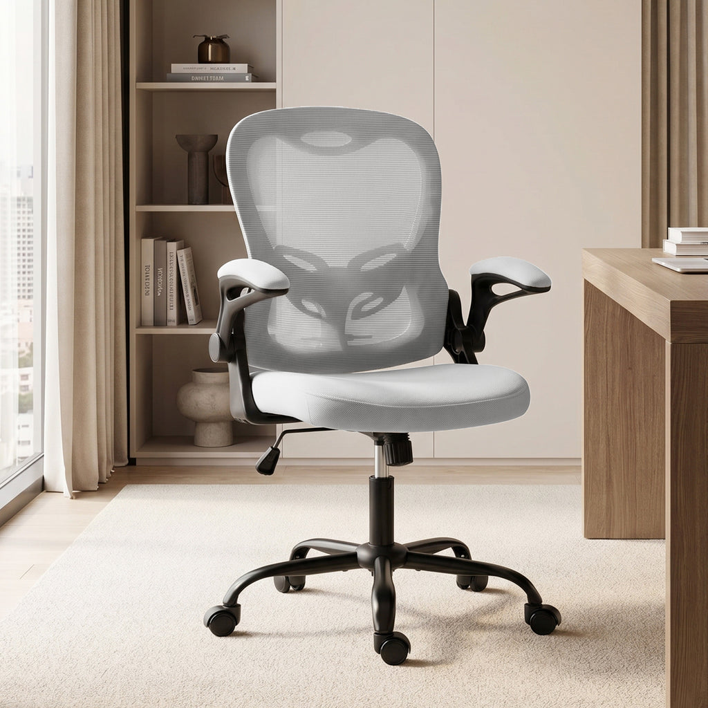 Chaise Bureau Ergonomique, Fauteuil de Bureau Maille, Accoudoirs Relevables, Hauteur Réglable, Fonction Bascule, Gris-1
