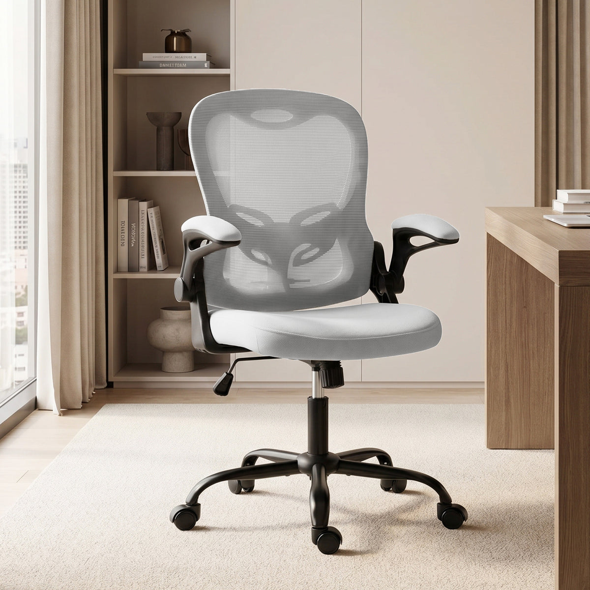 Chaise Bureau Ergonomique, Fauteuil de Bureau Maille, Accoudoirs Relevables, Hauteur Réglable, Fonction Bascule, Gris-1