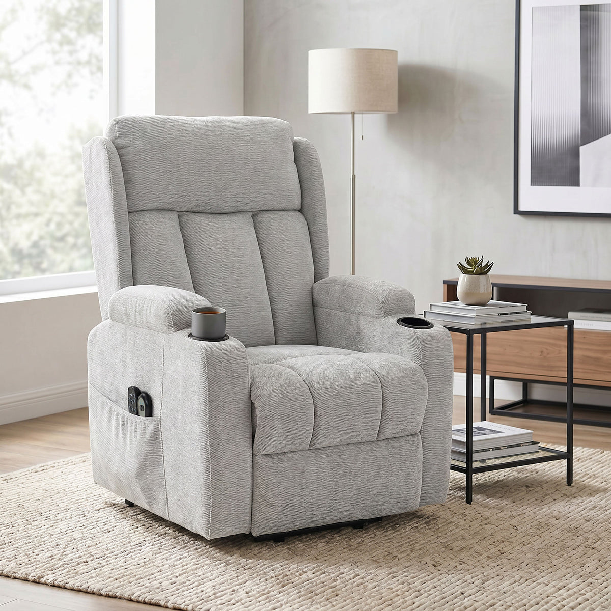 Fauteuil Releveur Électrique Massage et Chauffage, Fauteuil Relax Électrique en Chenille, Appui-tête Pliable, Gris Clair-1