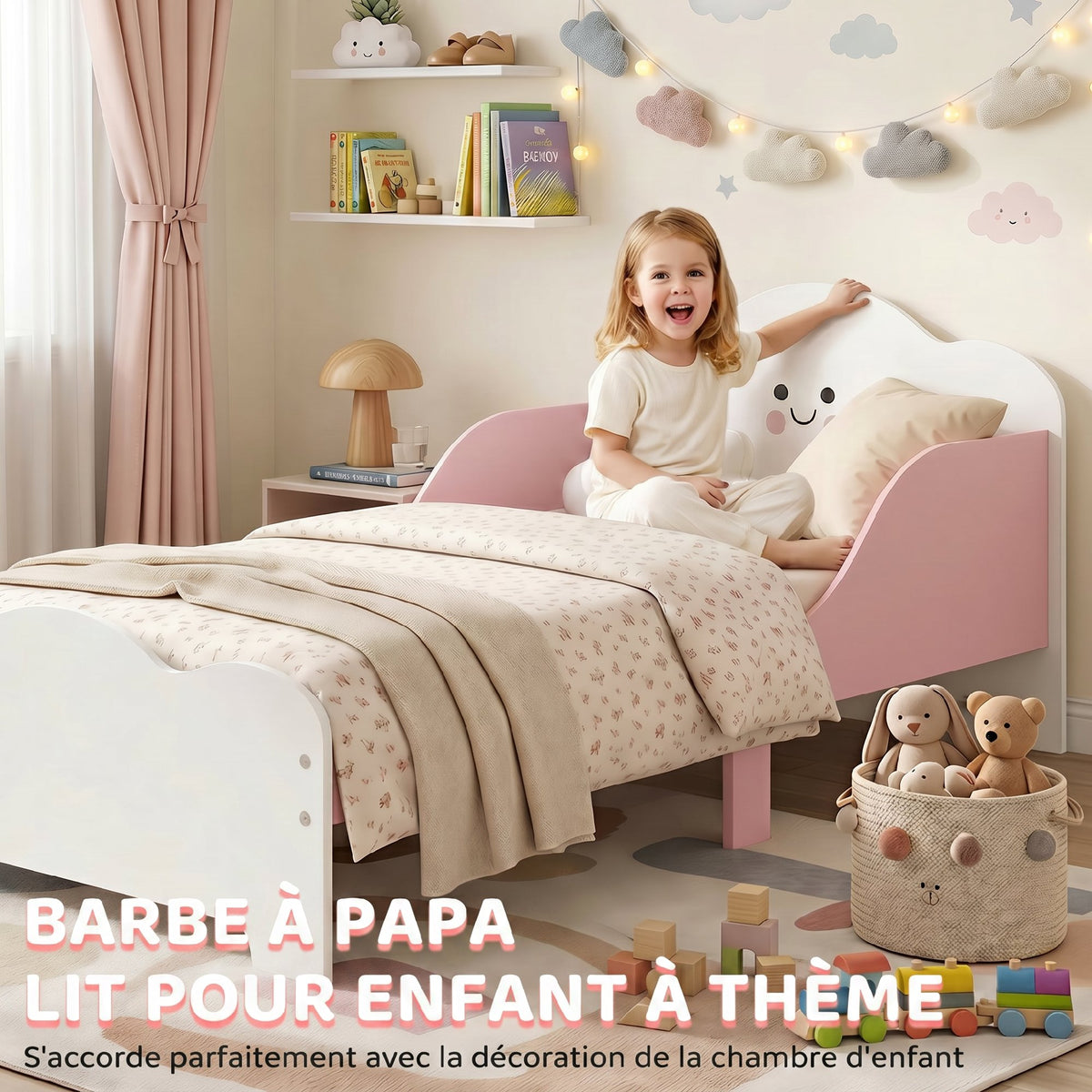 Lit enfant 70 x 140 cm, lit pour enfant avec barriere de securite et sommier à lattes en bois, rose (matelas non inclus)-3