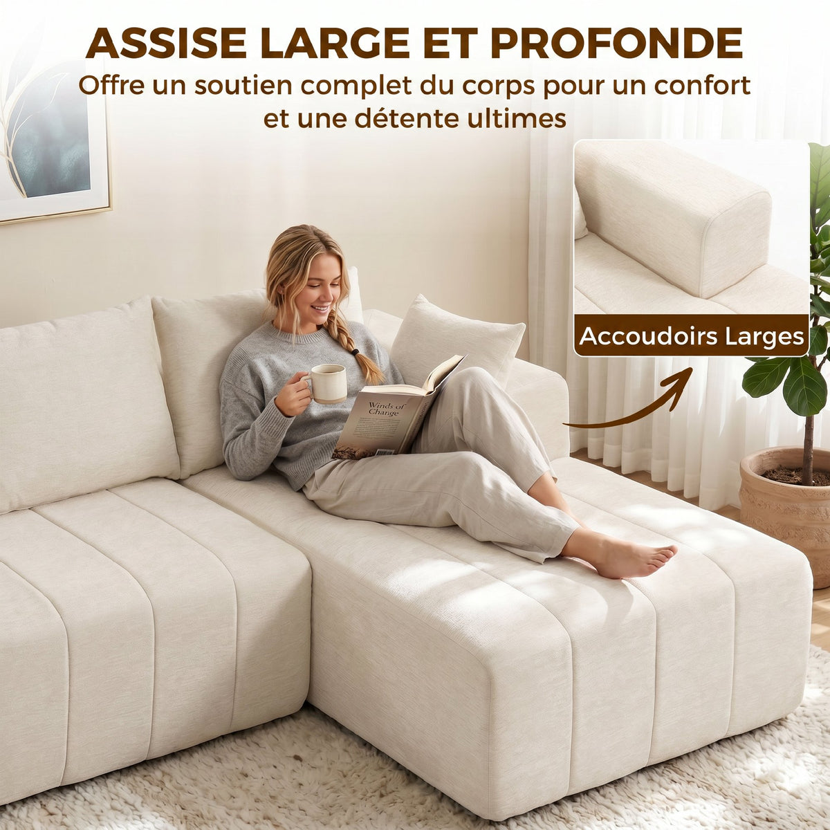 Canapé d'angle 256 cm avec méridienne, canapé-lit 3 places en chenille forme de L, assise et accoudoirs larges, beige-4