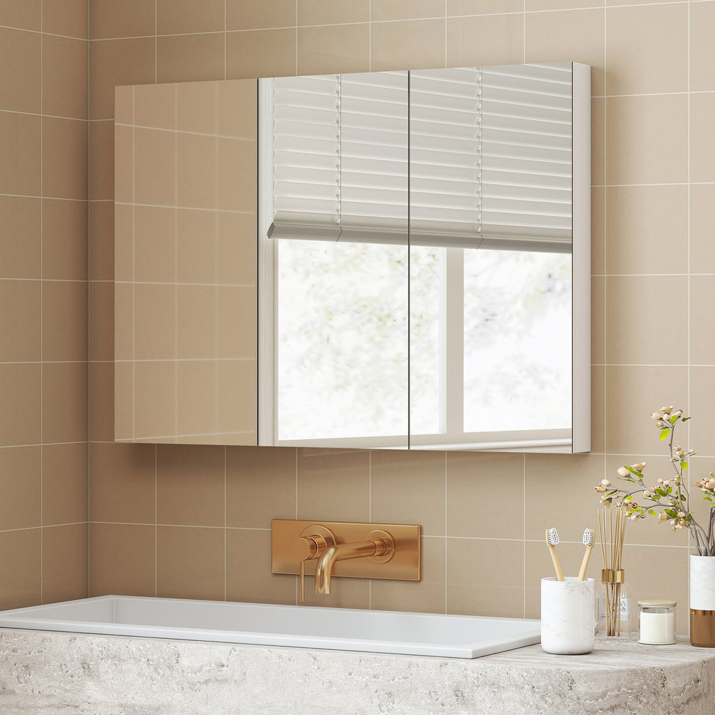 Armoire murale salle de bain avec miroir, armoire de toilette 3 portes miroir, étagères réglables, 91,5x11,5x65cm, blanc-7
