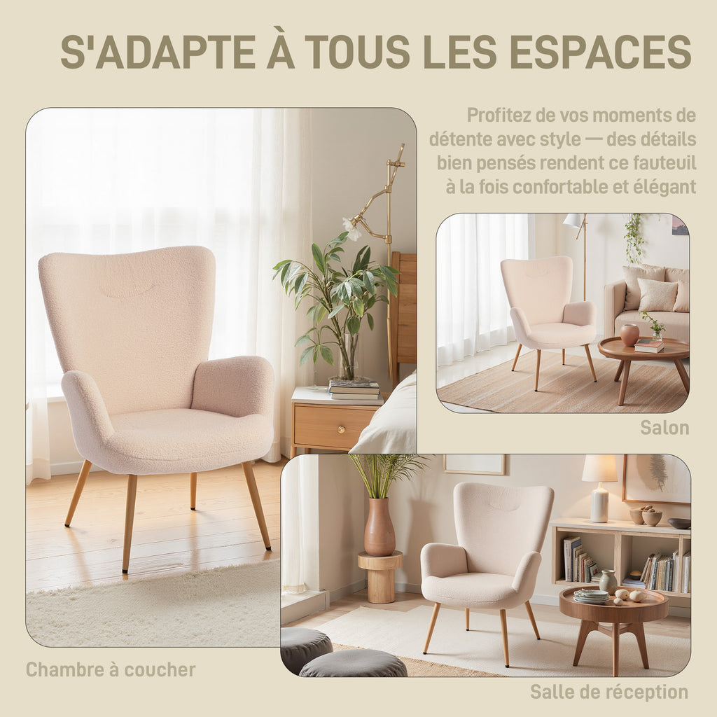 Fauteuil salon, fauteuil d'appoint rembourré en tissu bouclette avec haut dossier et accoudoirs, 71x74x97,5cm, beige-5